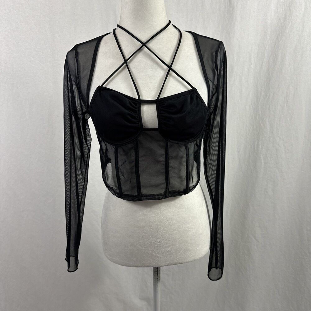 Madrag Black Mesh Sheer Corset Top Long Sleeve Women’s Sz M Dark Romantic